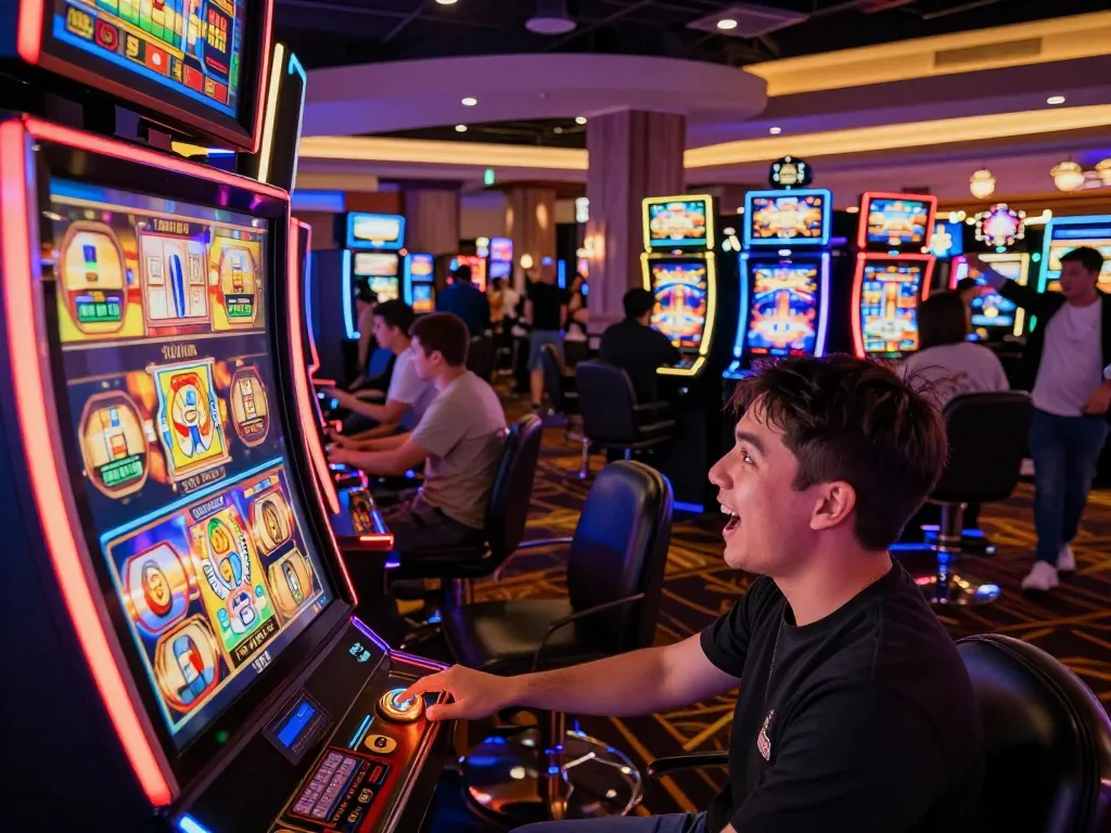 Engaged players at a go88 slot machine, experiencing the thrill of online gaming entertainment.