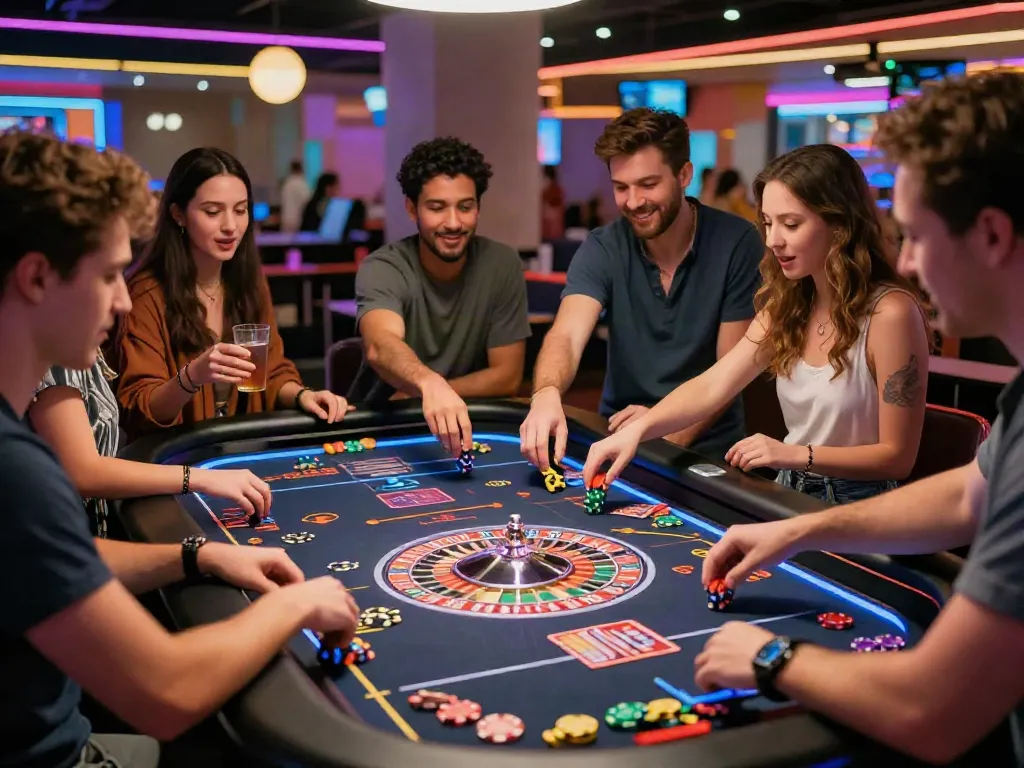 Group enjoying 11bet online gaming in a vibrant casino setting.