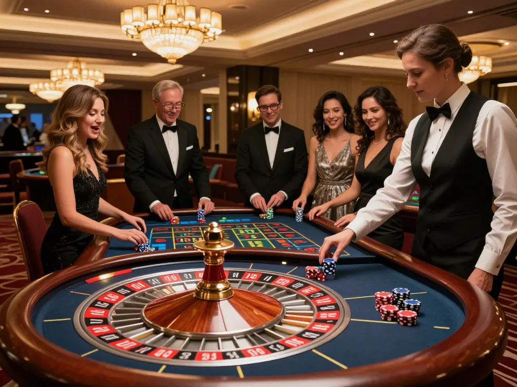FC88 players placing bets at an elegant roulette table under ambient lighting