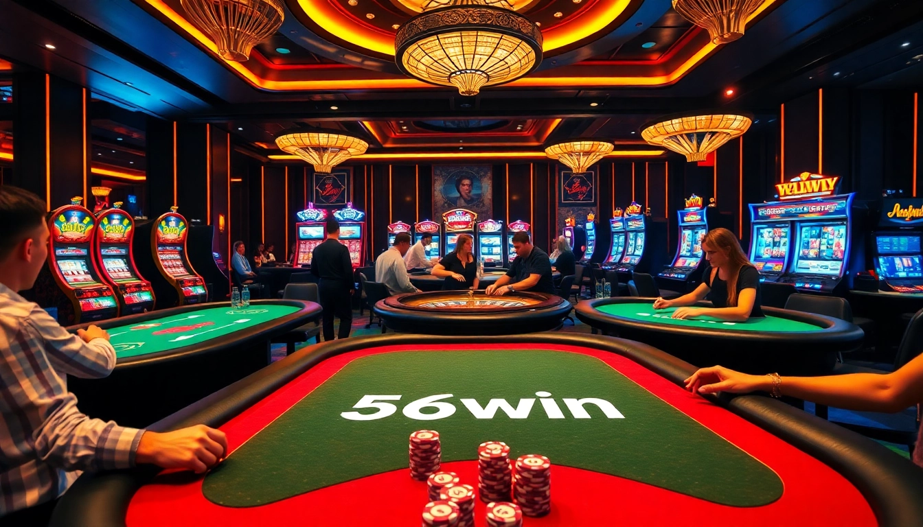 Gamblers enjoy a thrilling poker game at 56win's luxurious casino tables filled with chips and excitement.