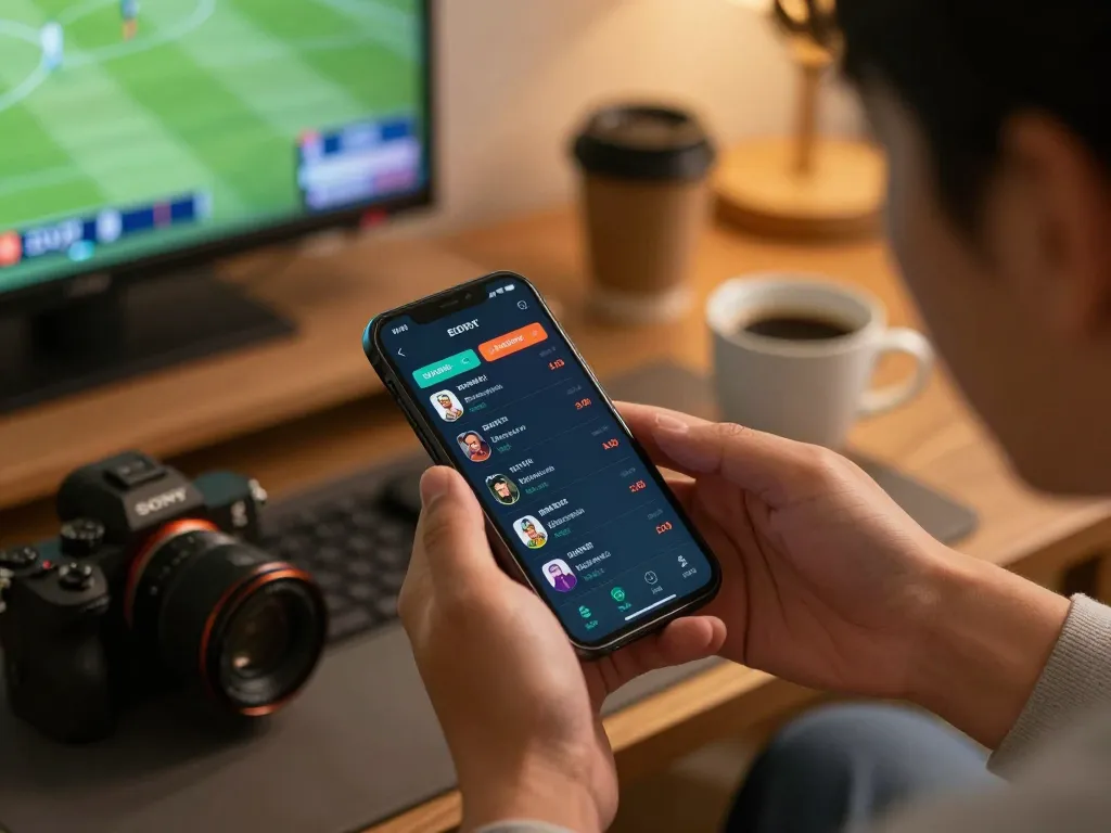 Engaging in sports betting on a smartphone using Fabet app, showcasing live odds and match details in a cozy setting.