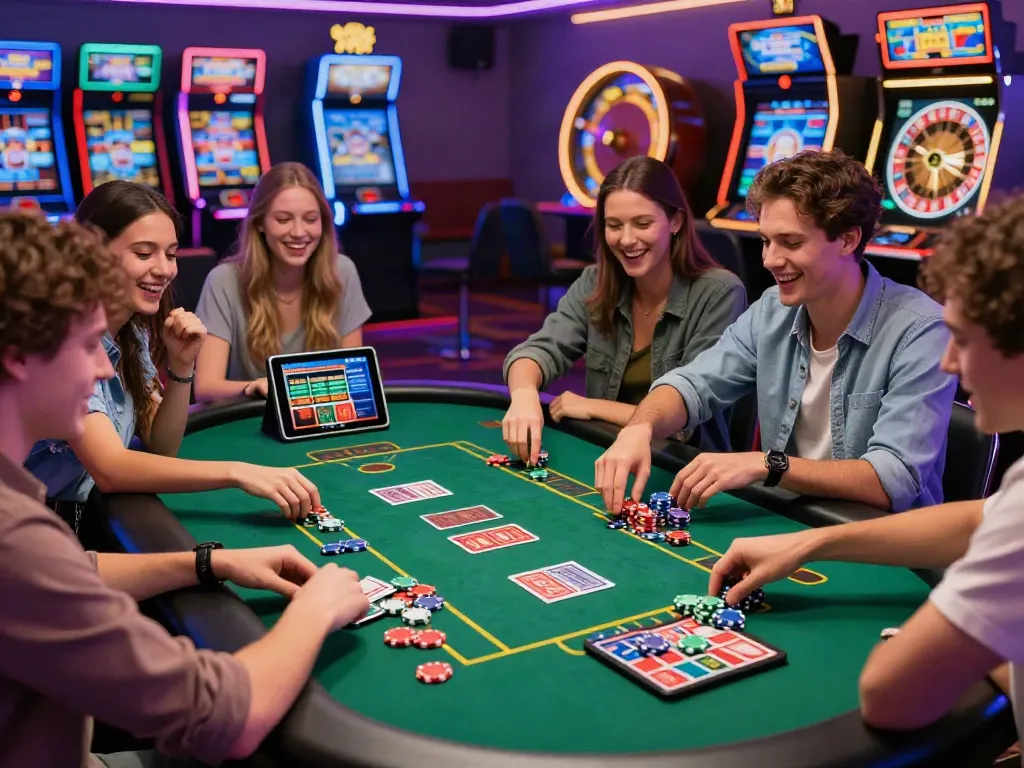 Friends enjoying a lively game at a casino not on Gamstop, showing bright neon lights and gaming excitement.