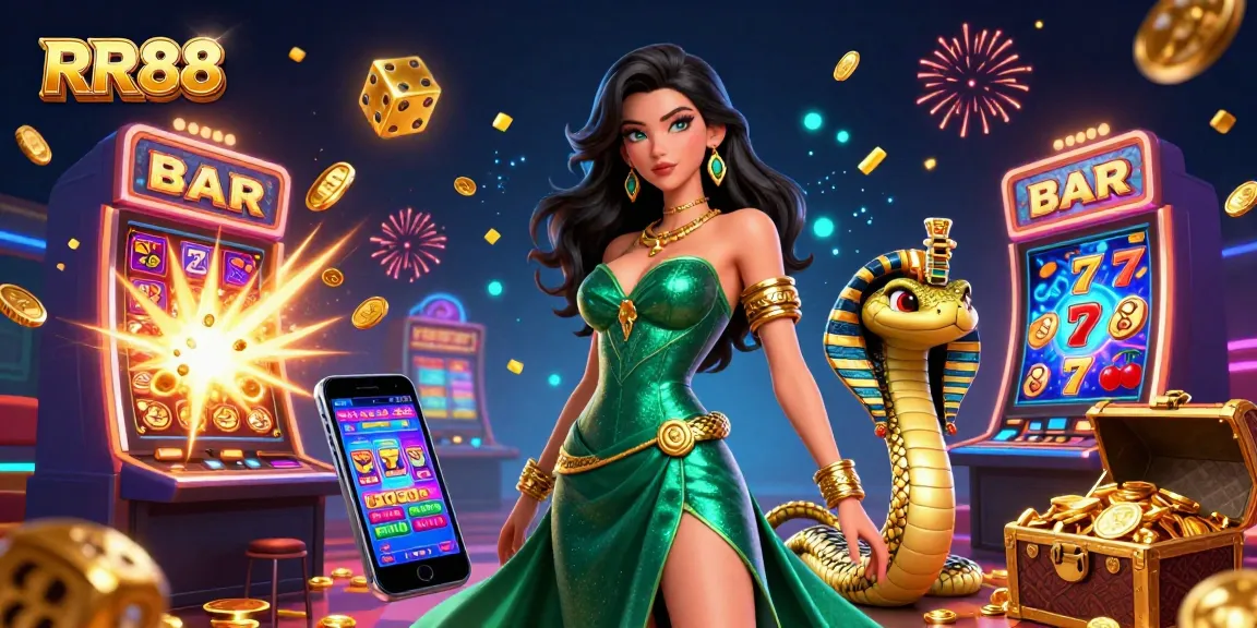 Experience the thrilling atmosphere of RR88 with a woman in a glamorous casino setting, capturing jackpot excitement.