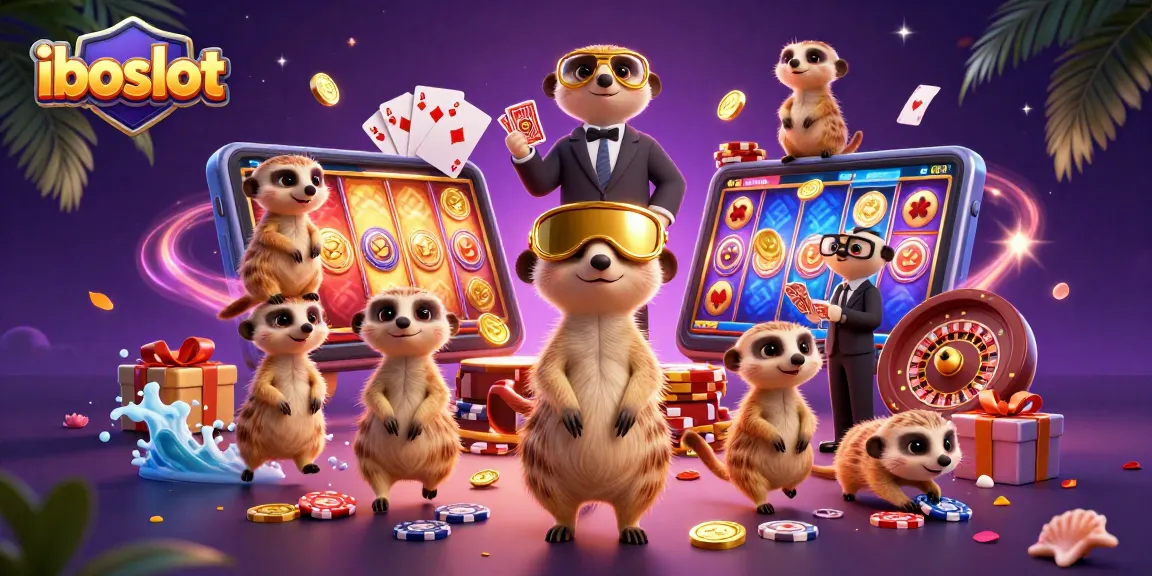 Experience iboslot with meerkats running a vibrant casino, showcasing dynamic gaming activities.