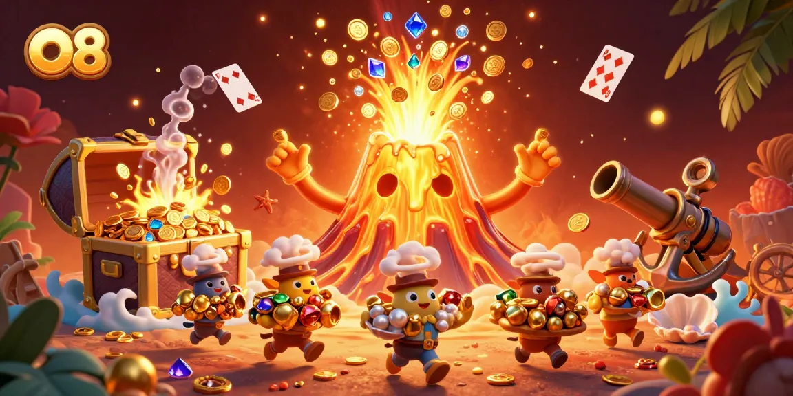 Experience the thrilling world of O8 as the volcano erupts with treasure amidst underwater riches and adventure.