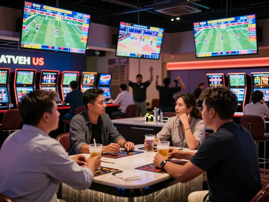 Fans engaged in sports betting excitement at TA88 casino, screens show live game odds
