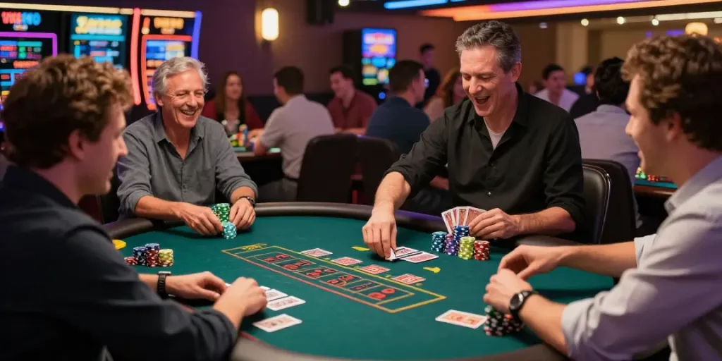 Exciting scene of players at a lively casino table with dealer during gameplay in a casino not on GamStop.