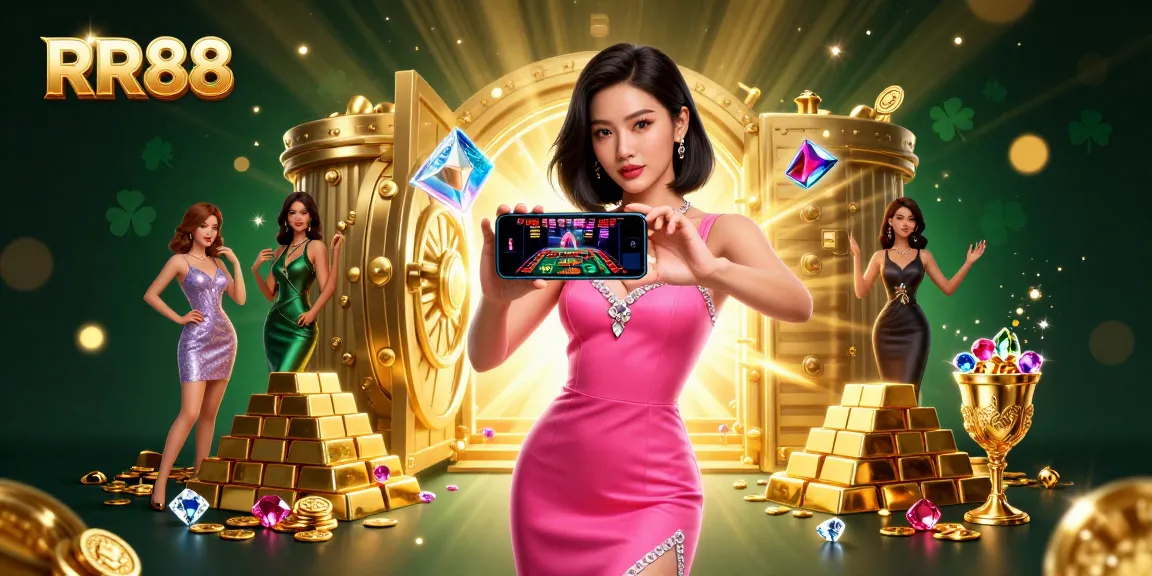 Witness the excitement at RR88, showcasing a live dealer game with a dynamic scene of treasures and casino elements.