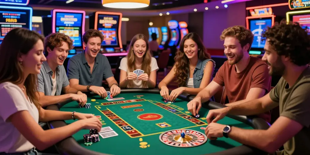 Exciting gaming scene at a casino not on GamStop, featuring diverse players around a lively gaming table.