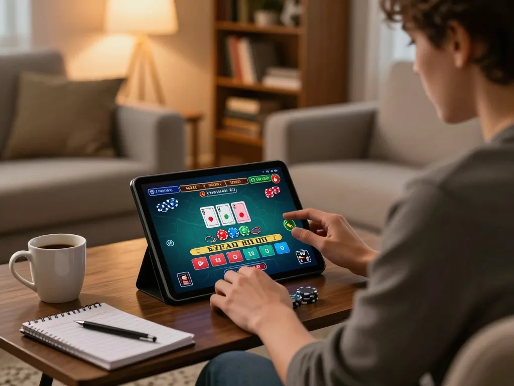 Player engaging in online blackjack at LV88 tablet, cozy home atmosphere, strategic betting.