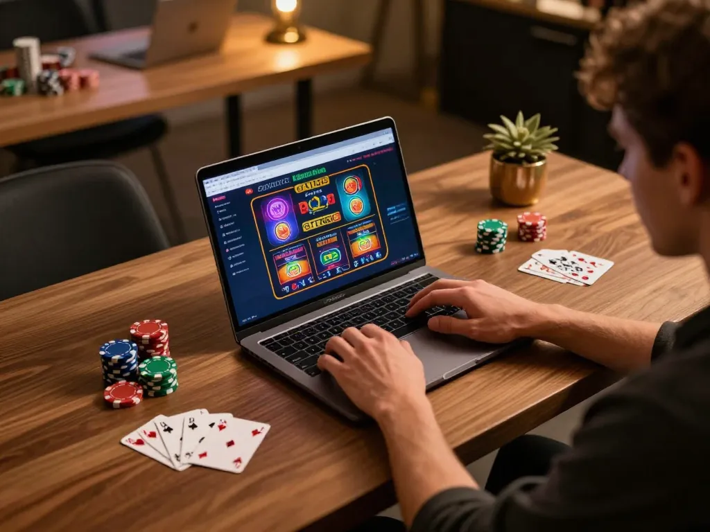 Experience the excitement of online poker at God55 with a vibrant gaming setup and immersive atmosphere.