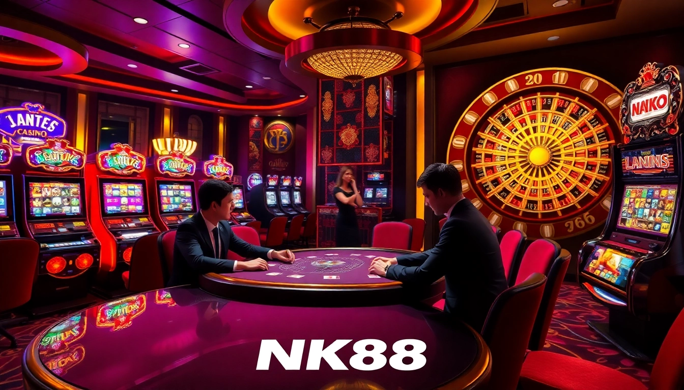 Experience NK88's thrilling casino gaming atmosphere with a lavish poker table.