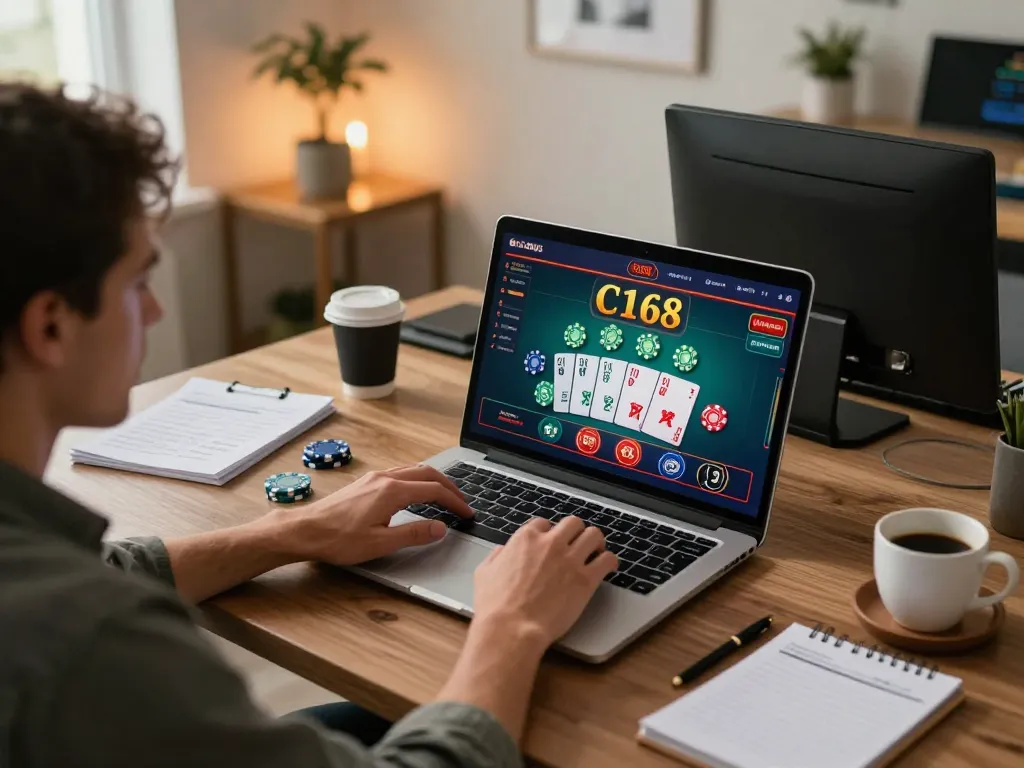 Engaging in C168 blackjack at a stylish home office, showcasing online gaming setup.