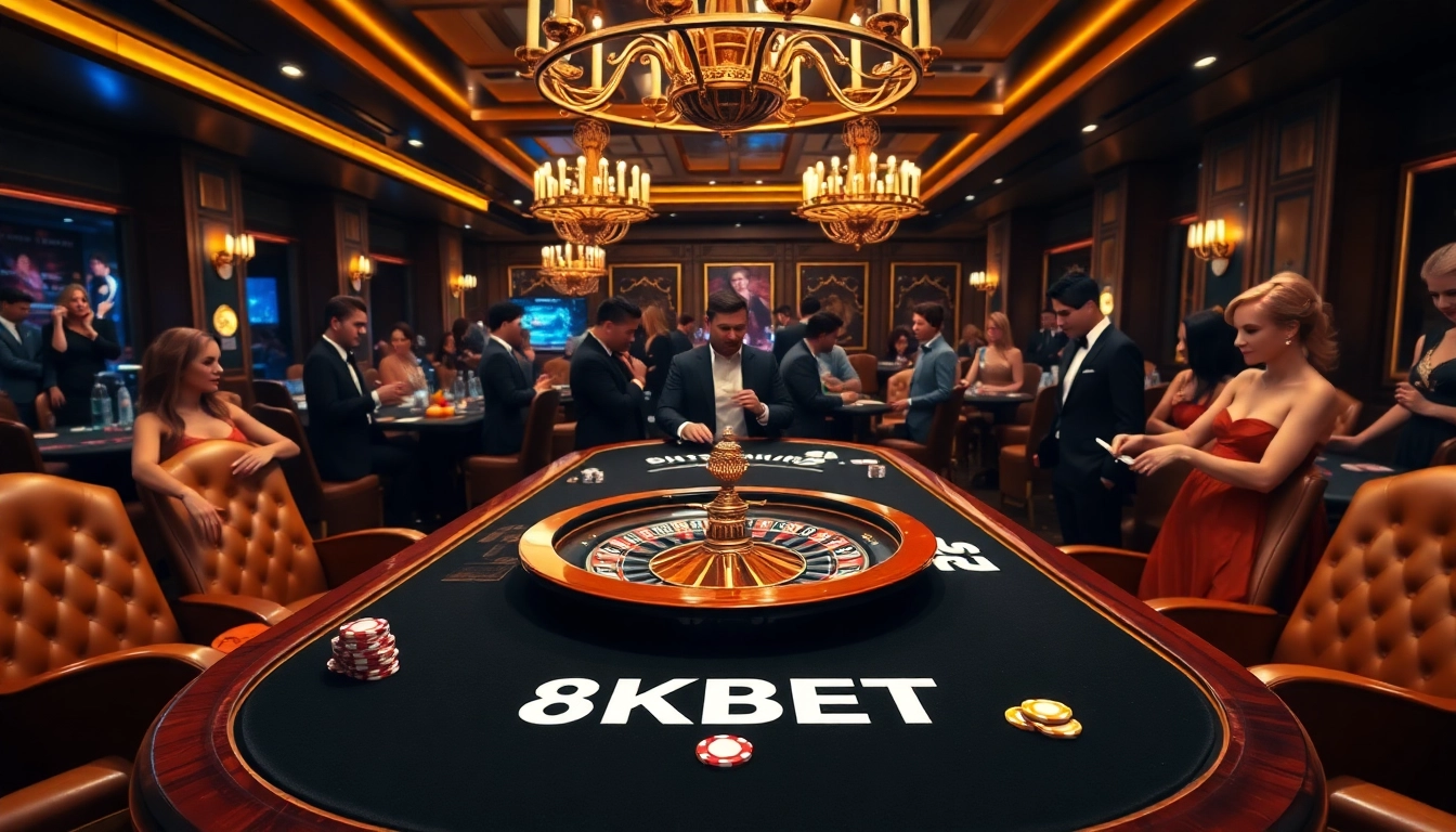 Engaging 8KBET branded casino scene with poker chips and a roulette wheel, showcasing an upscale gambling experience.