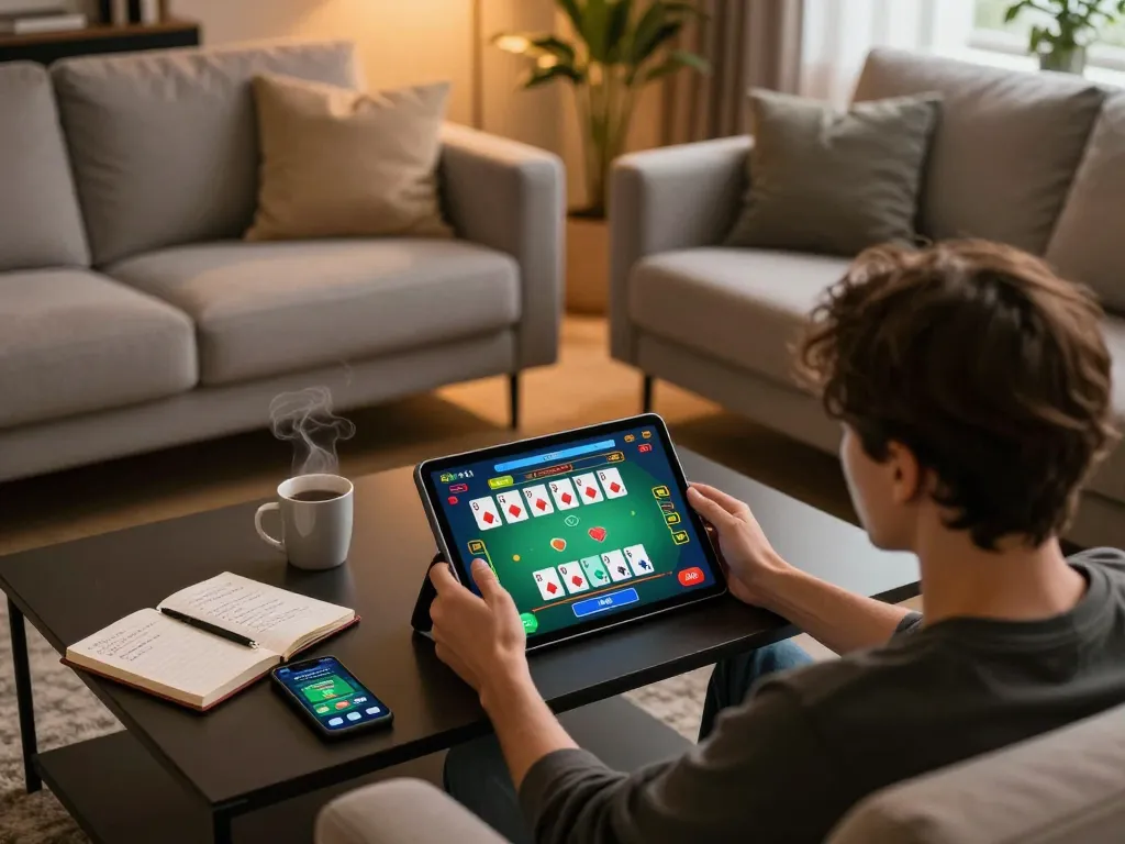 Engaging in HITCLUB poker strategy on a tablet with cozy home ambiance
