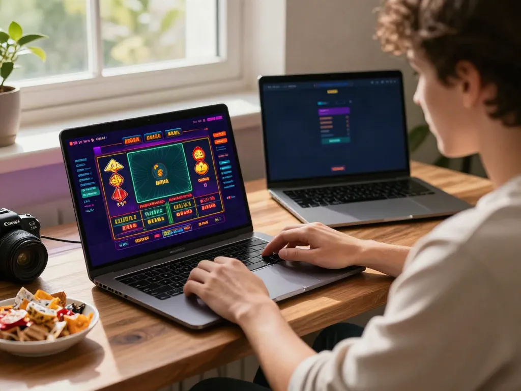 Player enjoying a casino not on Gamstop experience in a cozy living room with snacks and colorful gaming setup.