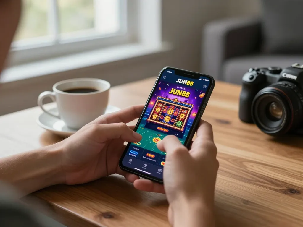 Engaging with the JUN88 app for online casino gaming on a smartphone in a cozy home setting