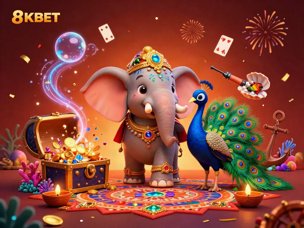 Experience the vibrant action at 8KBET with a dazzling 3D illustration featuring colorful gaming elements and a festive atmosphere.