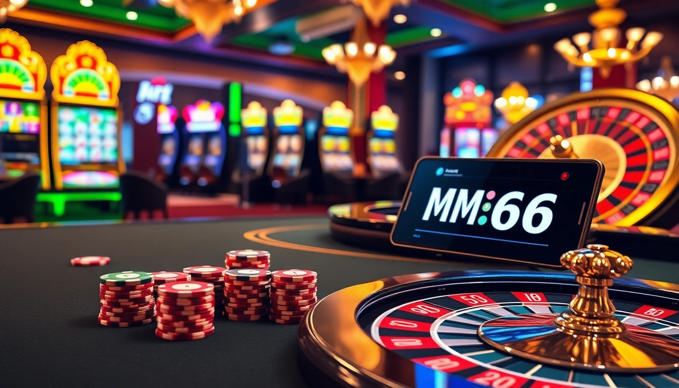 Experience luxury gambling at MB66 with poker chips and slot machines in a vibrant casino.