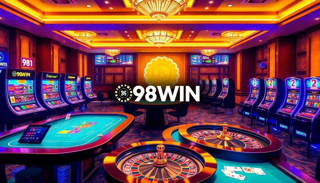 Experience a thrilling 98win gaming session at a luxurious casino table with vibrant slot machines.