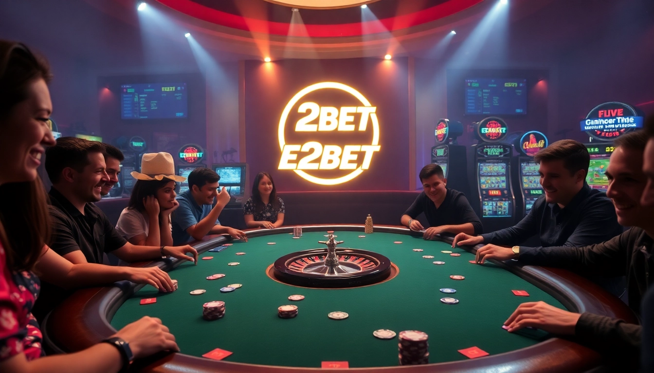 E2BET players engaging in an exciting poker game with vibrant chips and cards representing high stakes.