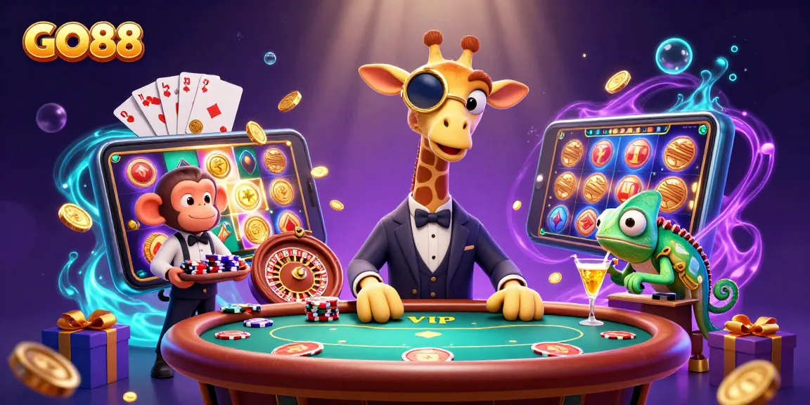Experience GO88's exciting casino atmosphere with a high-roller giraffe and vivid game elements.