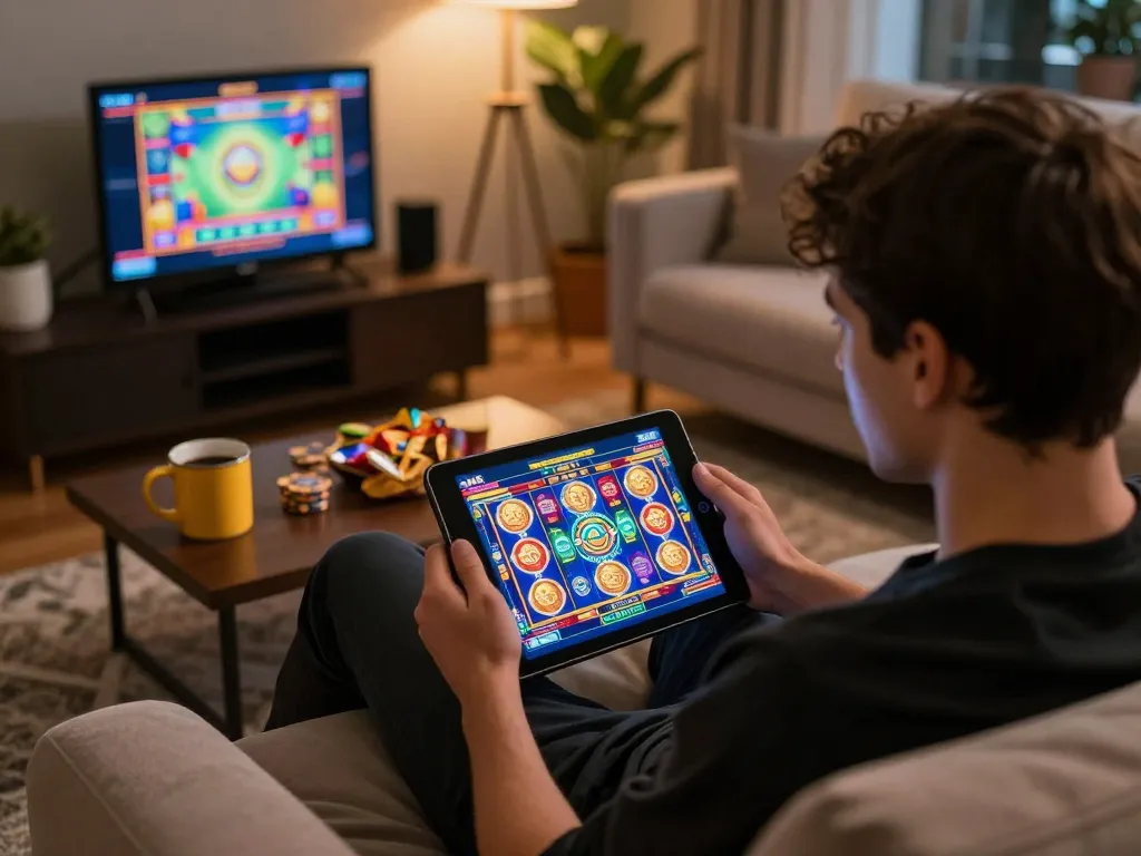 Terlibat dalam sesi permainan situs slot di tablet di rumah, menunjukkan suasana bermain yang nyaman