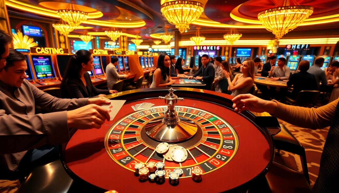 Kingfun players enjoying a dynamic casino scene with poker chips, cards, and a roulette table.