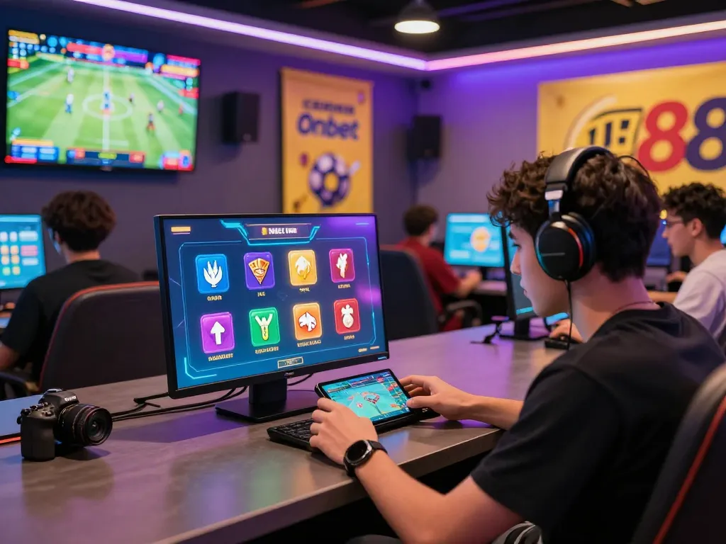 Exciting online gaming scene showcasing an enthusiastic player using Onbet 88 on mobile, surrounded by dynamic betting graphics and promotional banners.