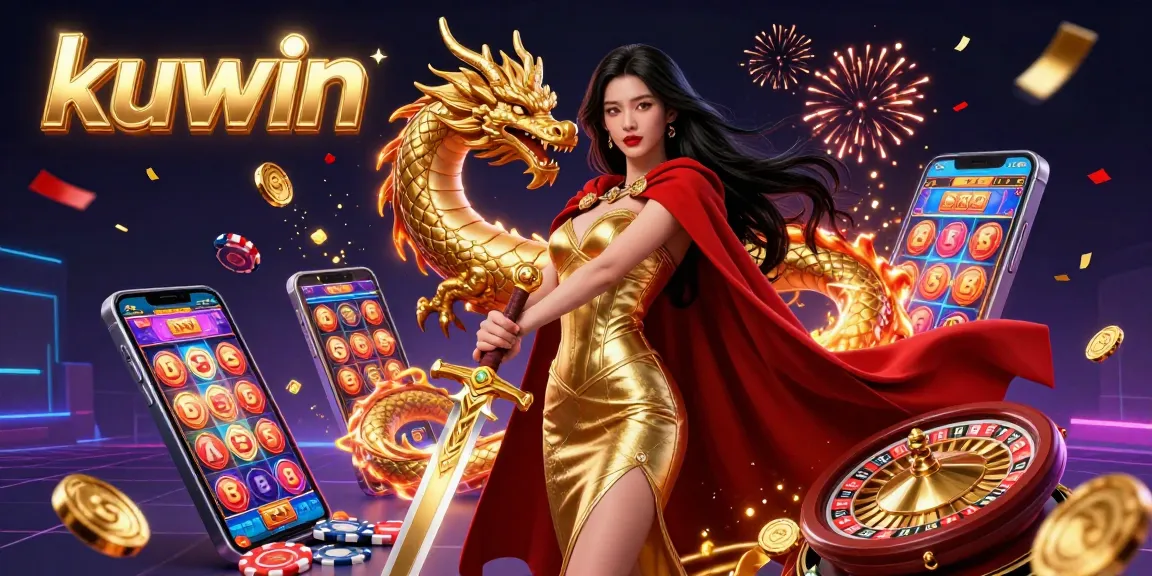 Kuwin gaming adventure featuring a warrior queen and a golden dragon with vibrant casino game elements.