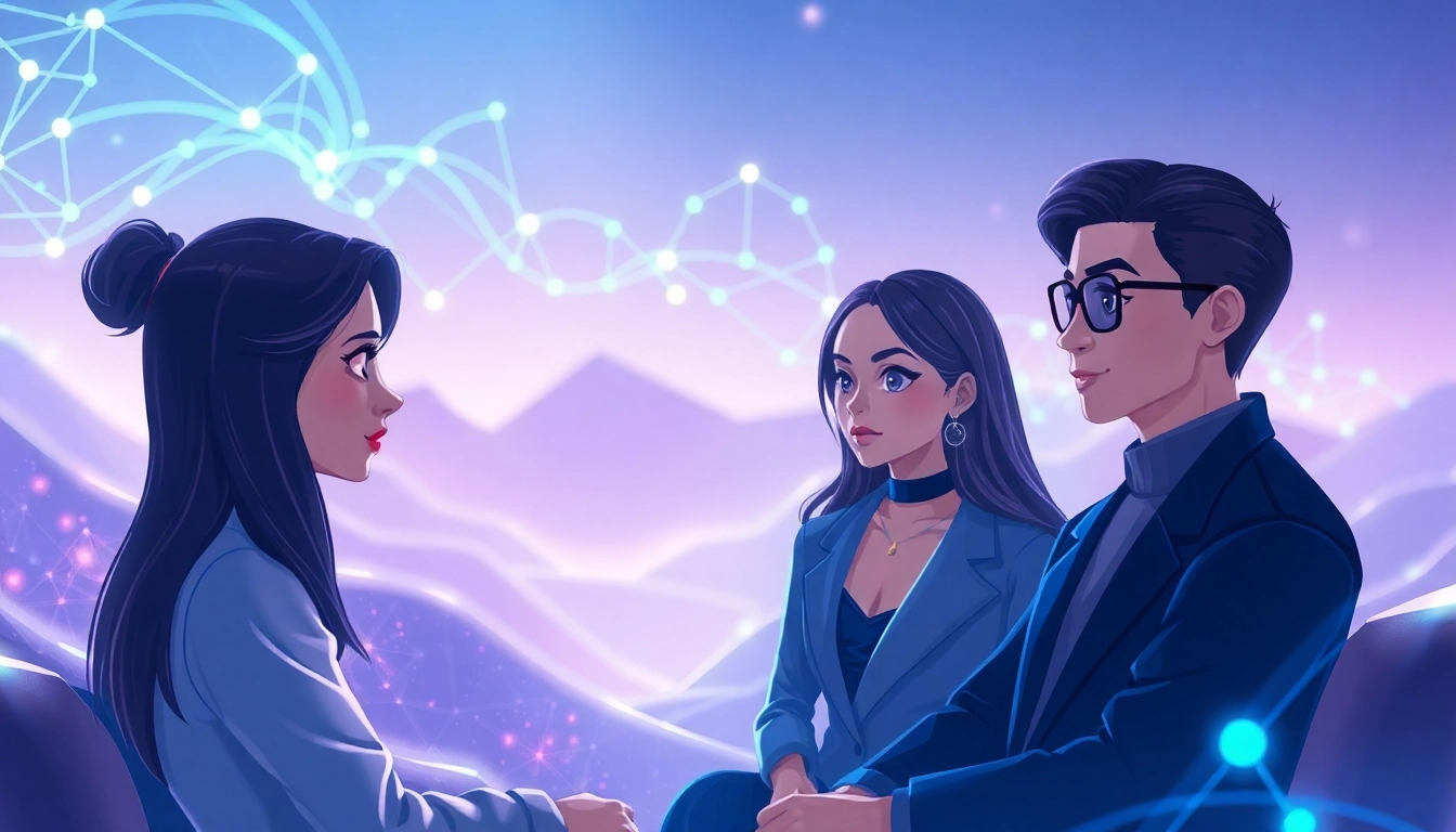 Futuristic digital landscape illustrating the allure of nsfw ai with character avatars in intimate conversations.