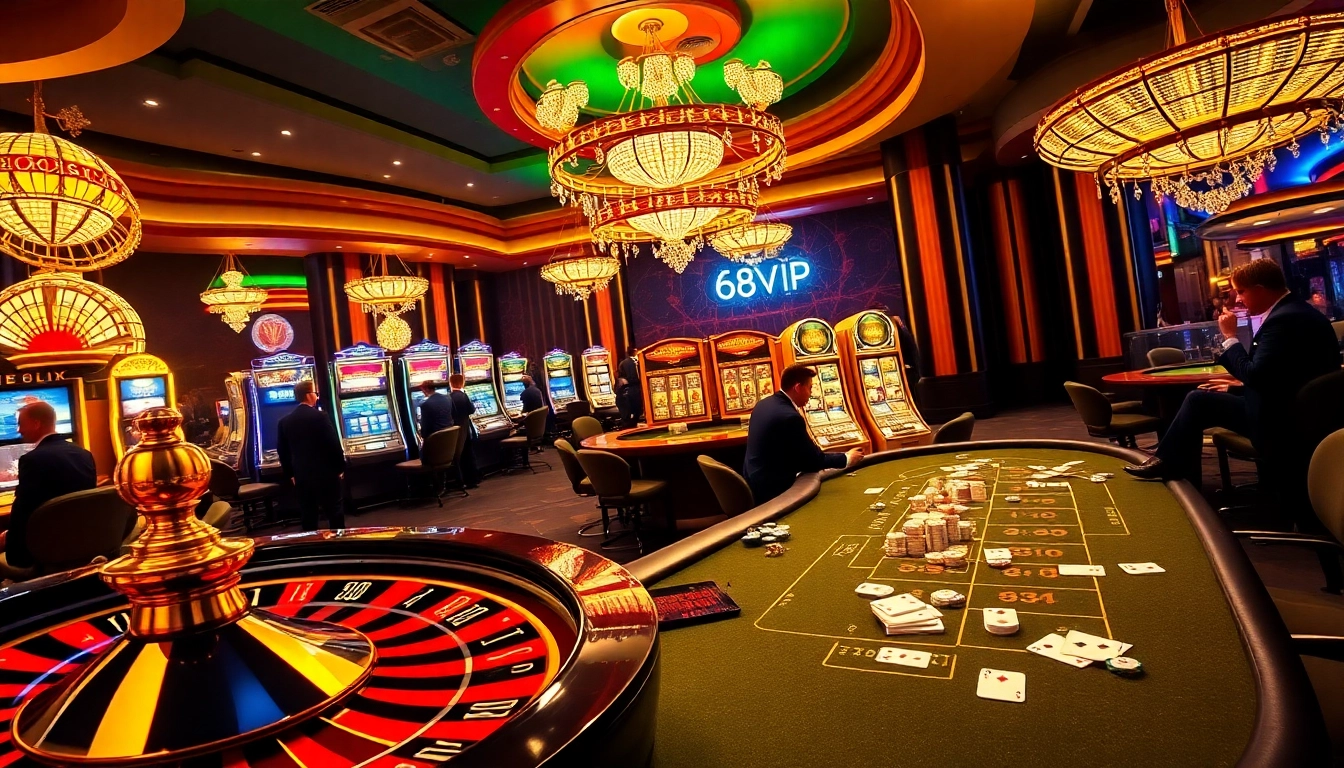 Experience the thrill of 68VIP casino with players at the roulette wheel and slot machines.
