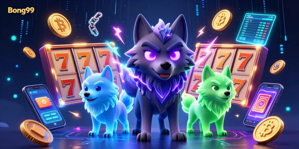 Bong99 harnesses vibrant slot gaming energy with a mystical shadow wolf pack in a captivating digital illustration.