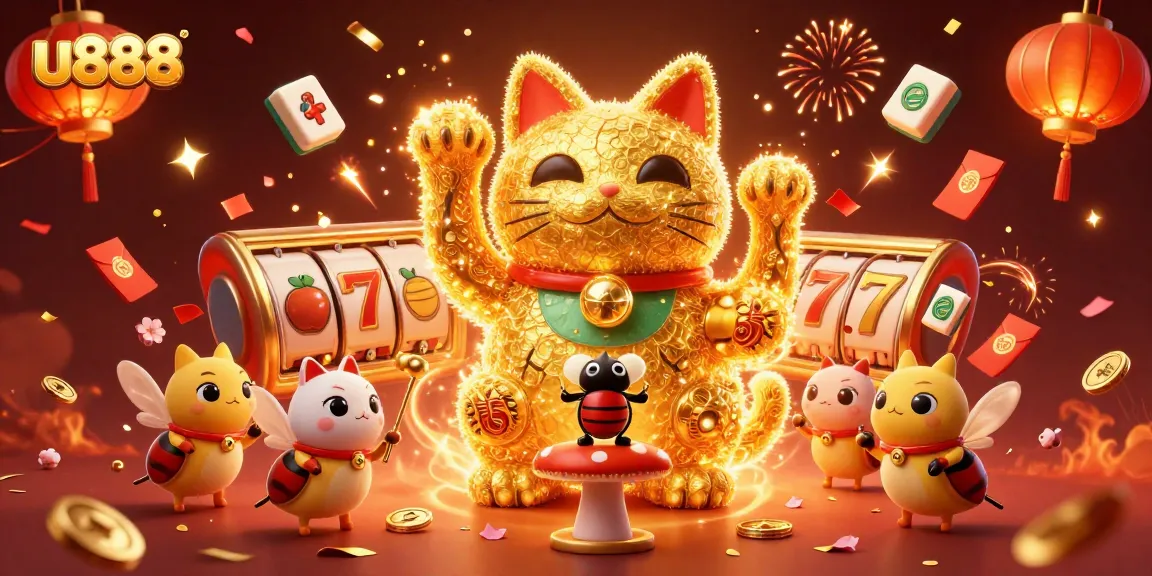 Experience excitement at u888 with a vibrant 3D casino scene featuring a lucky cat and symbols.