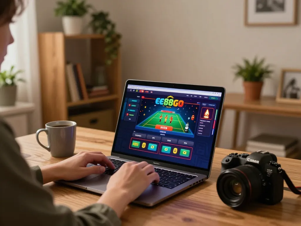 Person enjoying online casino gaming experience at ee88go from a cozy home office.