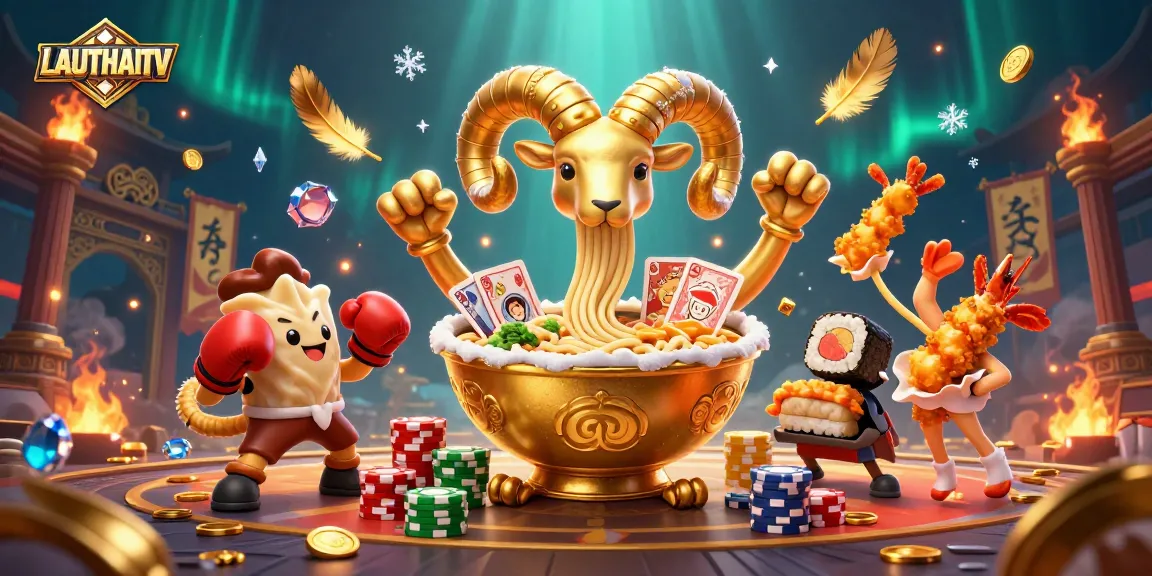 LAUTHAITV showcases a dynamic 3D scene featuring a ramen bowl dealer and sushi sidekick in a thrilling sports betting arena.