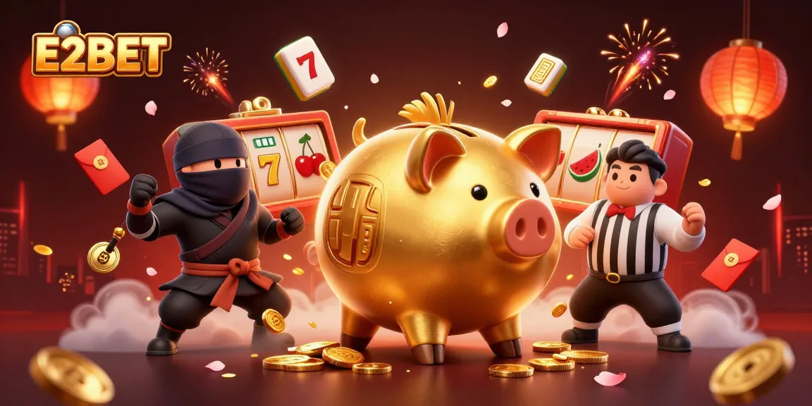 E2BET showcases a lively 3D casino scene with characters engaging in exciting gaming action.