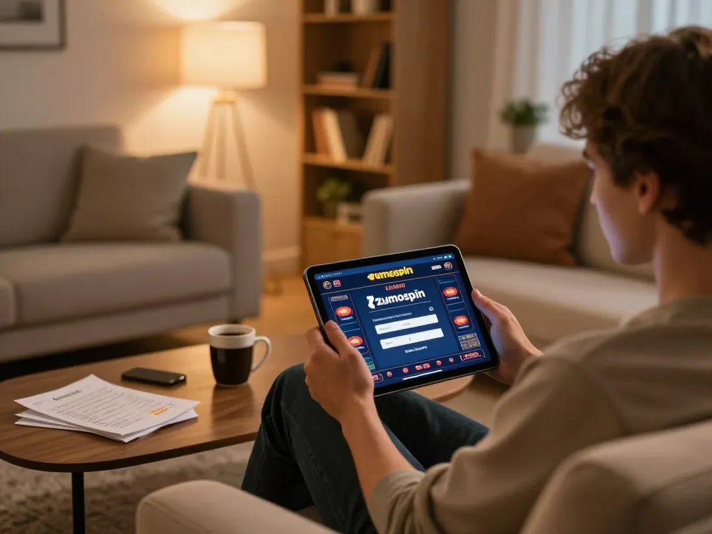 How to log in to Zumospin Casino using a tablet in a cozy home gaming environment