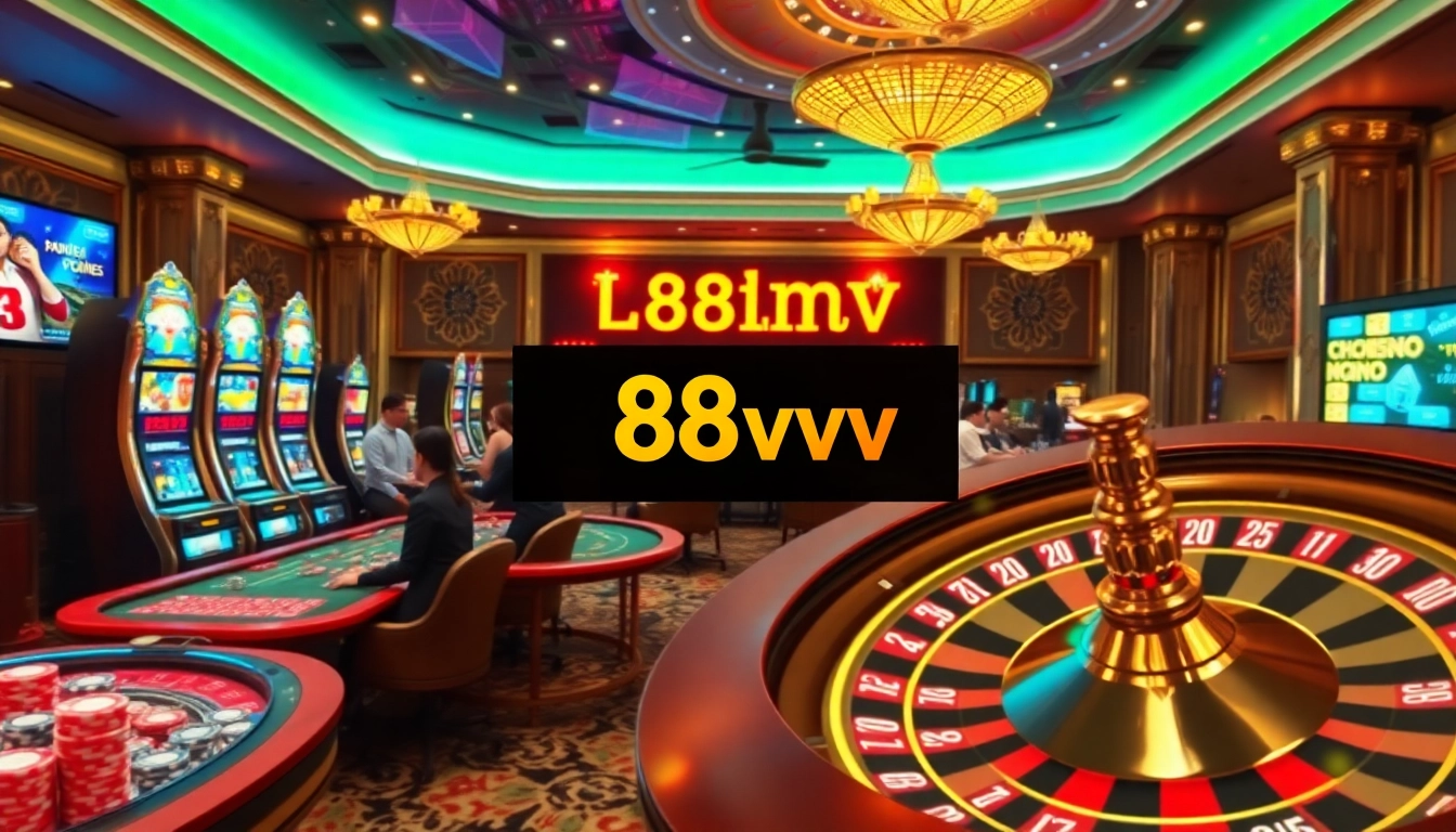 Experience the thrilling atmosphere of 88vv casino with players enjoying vibrant gaming tables and luxury decor.