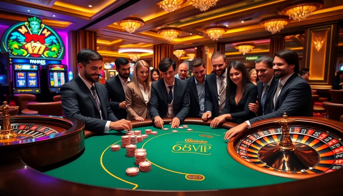 Engaged players enjoying high-stakes gaming at 68VIP casino with poker chips and vibrant slot machines.