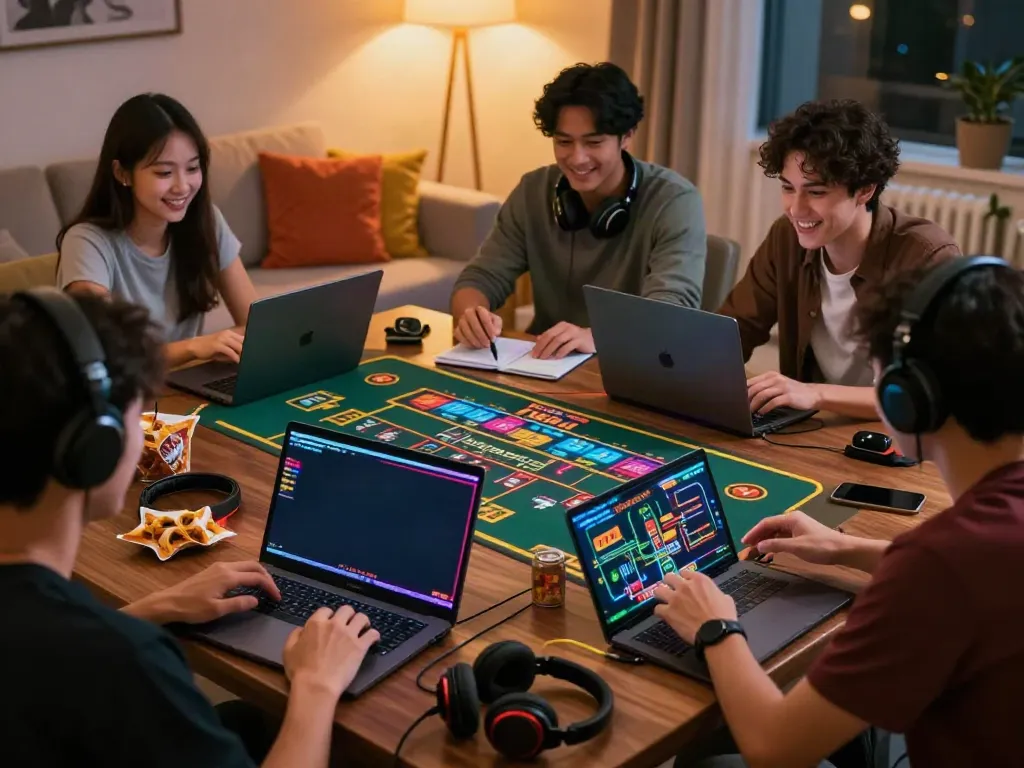 Friends enjoying a gaming night with casino not on GamStop on a laptop, colorful graphics displayed.