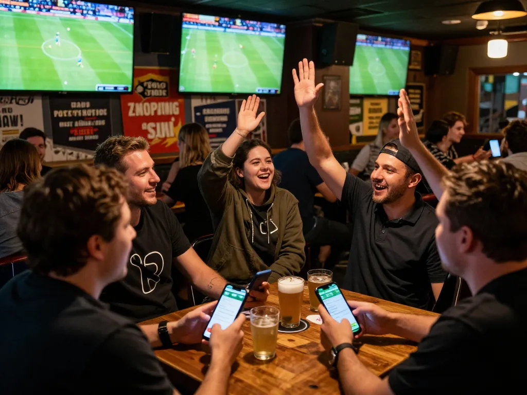 Engaged sports fans checking kết quả bóng đá and placing bets using mobile apps in a lively sports bar