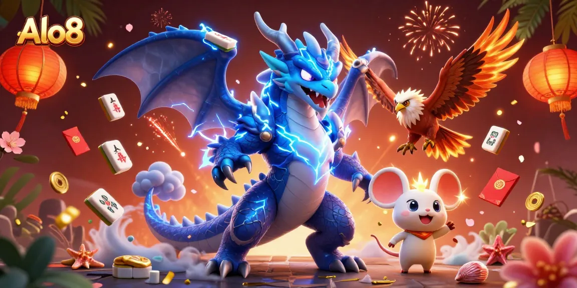 Alo8 engages players with vibrant casino-themed imagery, showcasing a thunder dragon and dynamic gambling elements.
