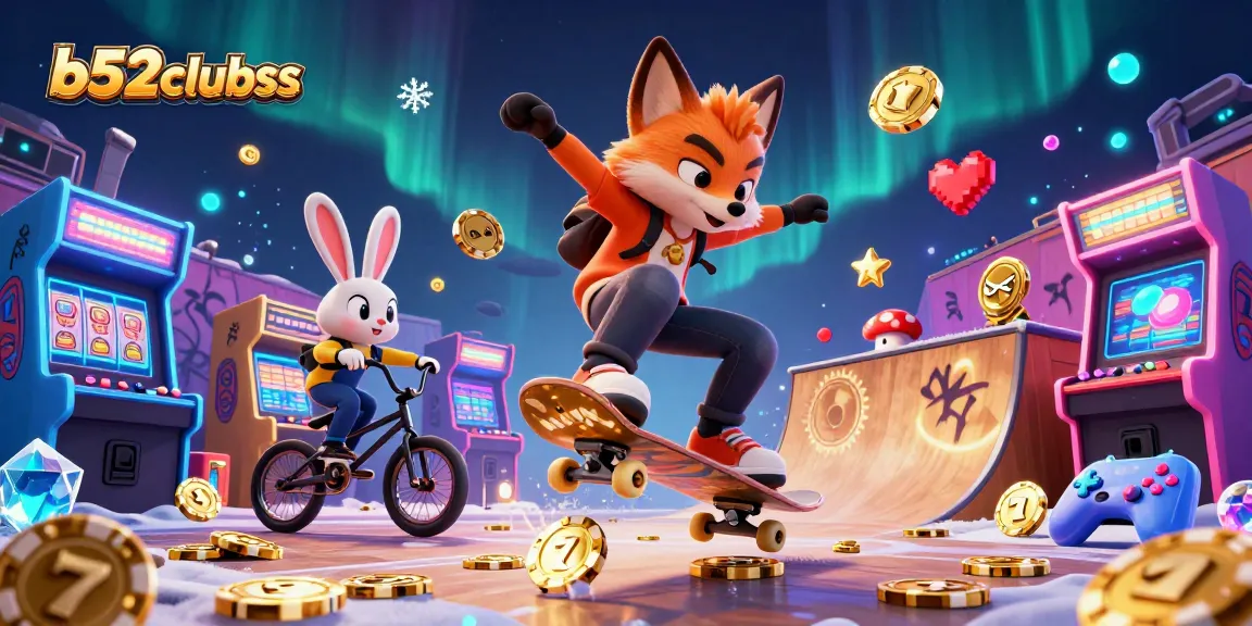 B52clubss offers thrilling gameplay with a 3D cartoon skateboarder fox over golden poker chips.