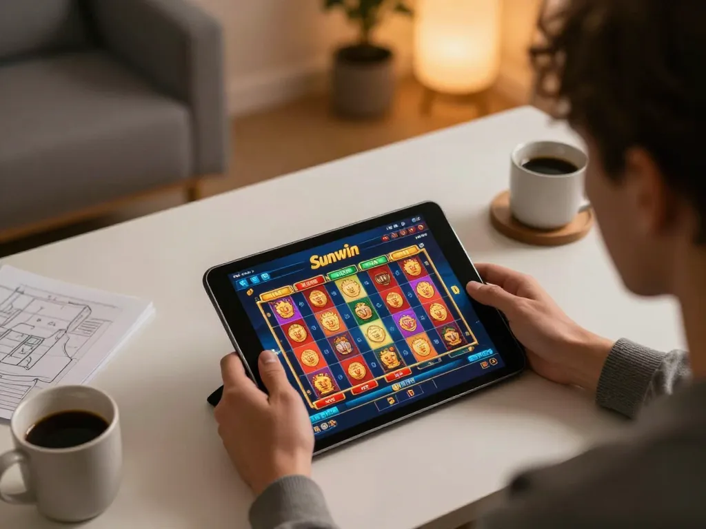 Player engaging with the Sunwin app on a tablet, showing exciting slot game graphics.
