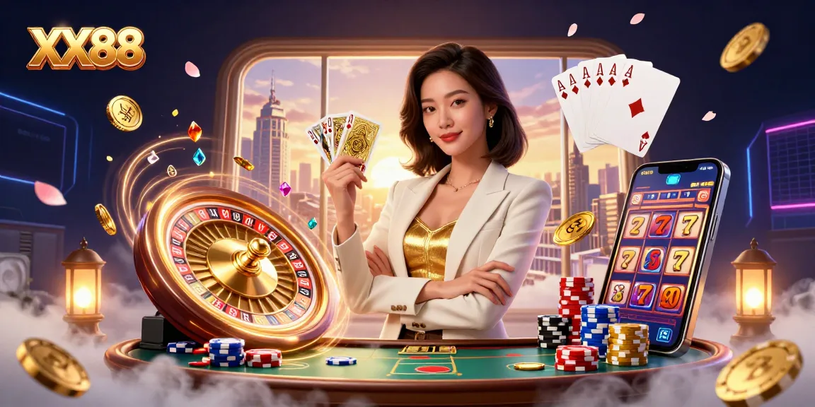 Experience the excitement of XX88 as the Asian woman holds golden cards in a vibrant casino.