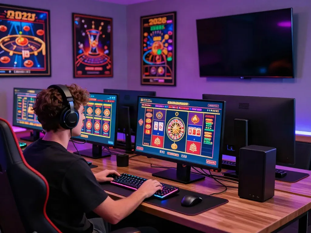 Player engaging with a casino not on gamstop, featuring vibrant online gaming elements and accessories