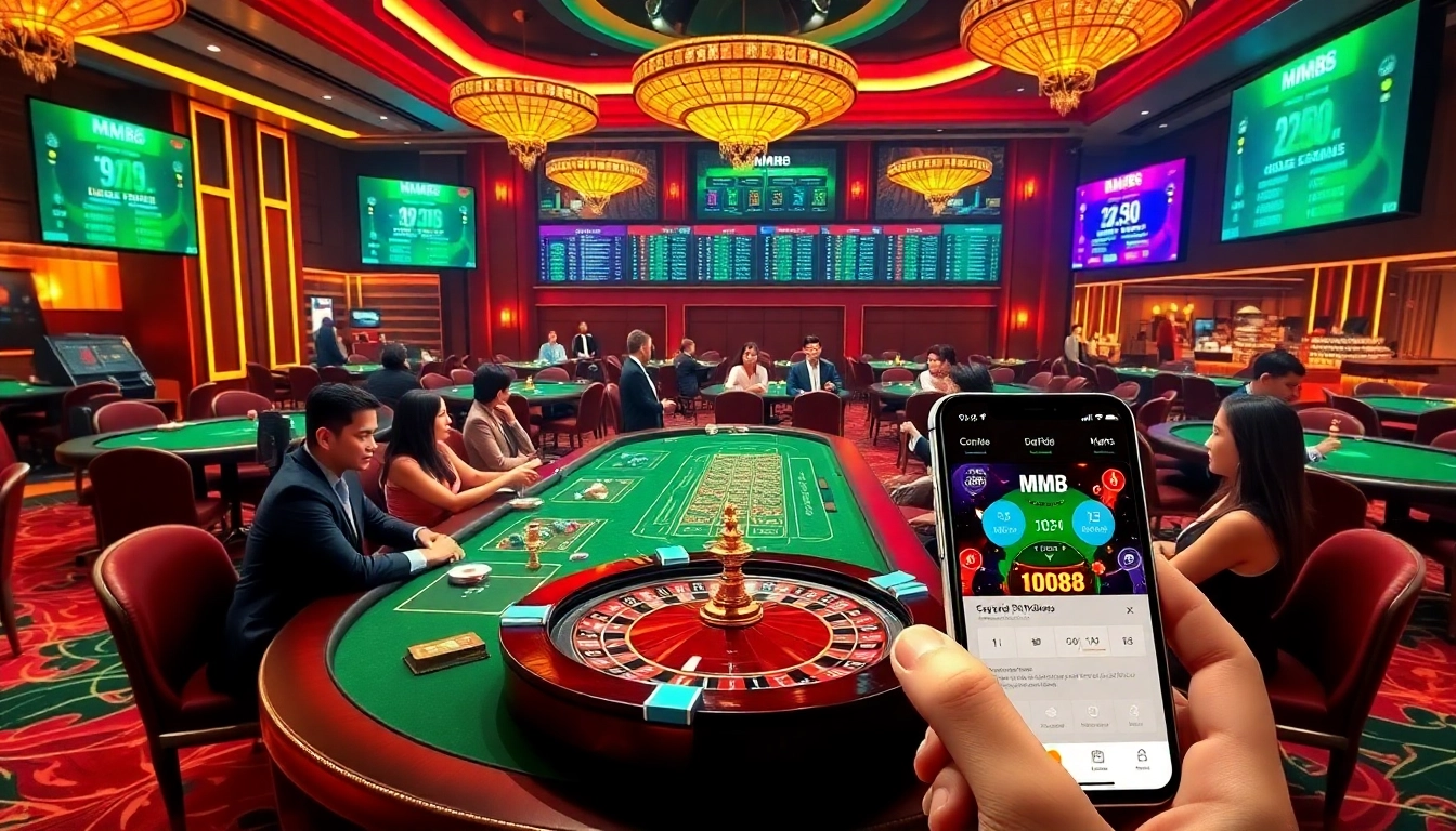 Players engaging in thrilling games at MM88's luxurious online casino, showcasing vibrant tables and rich ambiance.