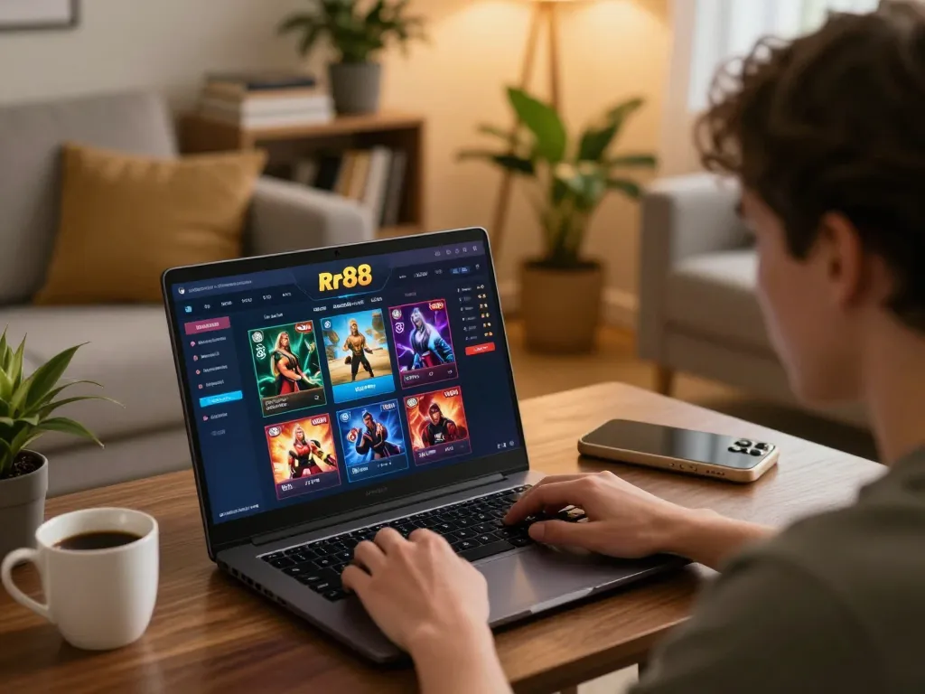 Player enjoying rr88 online gaming experience at home with laptop and coffee