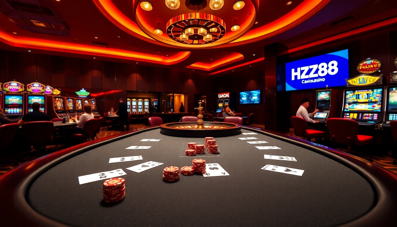 Experience the excitement of hz88 gaming with players enjoying poker and roulette in a luxurious casino.